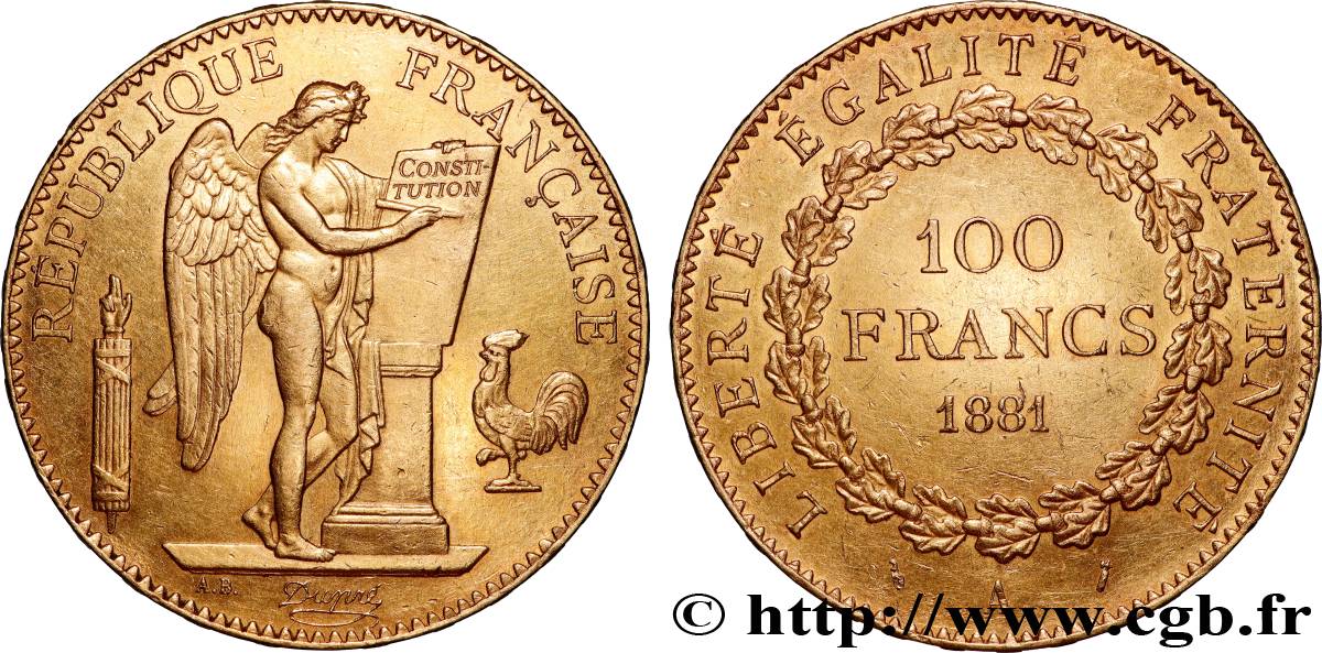 100 francs or Génie, tranche inscrite en relief Dieu protège la France 1881 Paris F.552/4 EBC 