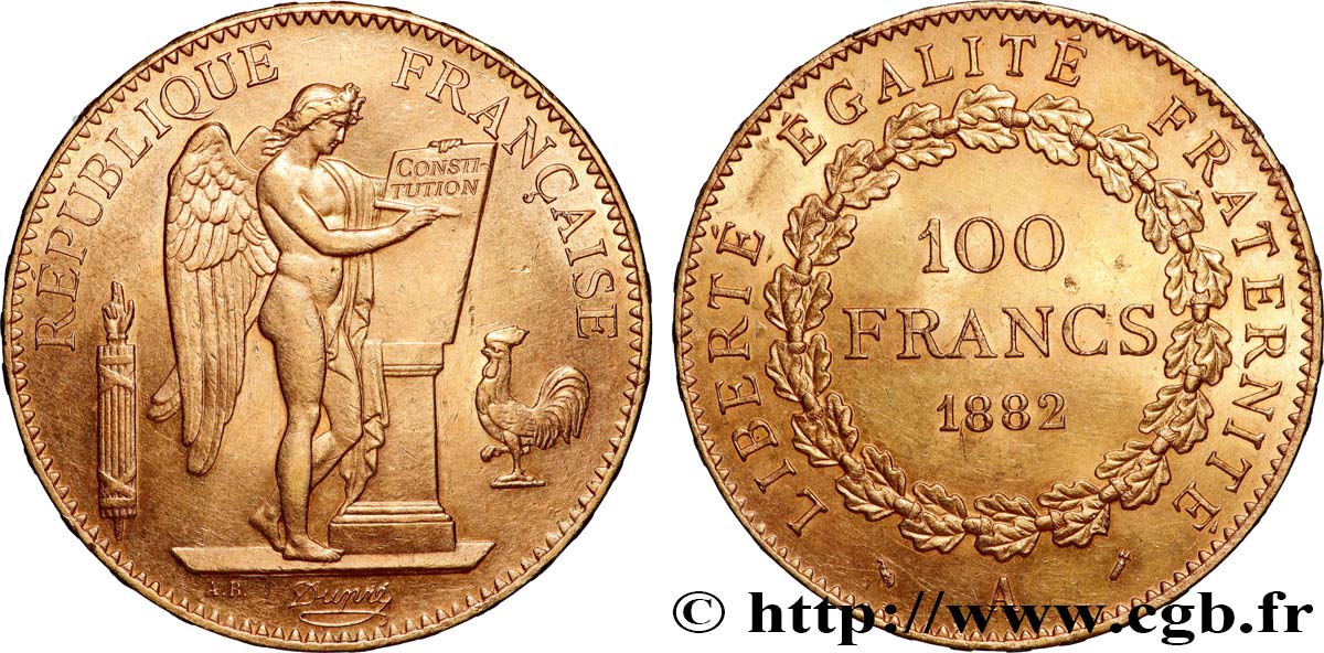 100 francs or Génie, tranche inscrite en relief Dieu protège la France 1882 Paris F.552/5 SUP 