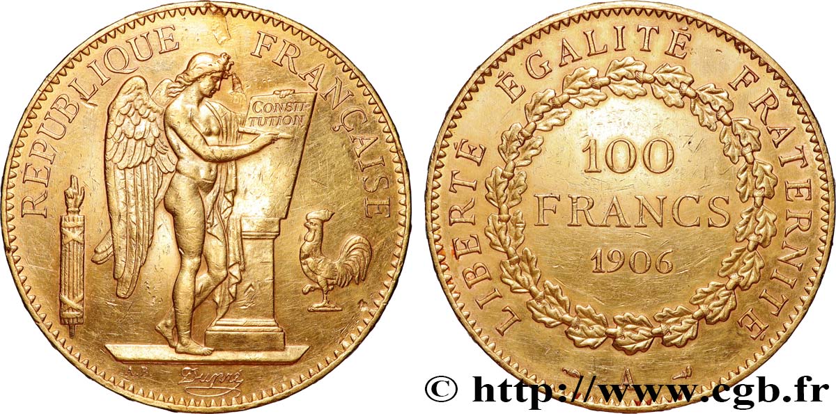 100 francs or Génie, tranche inscrite en relief Dieu protège la France 1906 Paris F.552/19 fVZ 