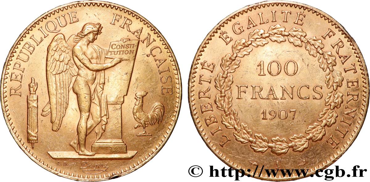 100 francs or Génie, tranche inscrite en relief Liberté Égalité Fraternité 1907 Paris F.553/1 EBC 