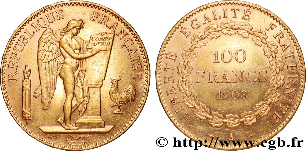 100 francs génie, tranche inscrite en relief liberté égalité fraternité 1908 Paris F.553/2 VZ 