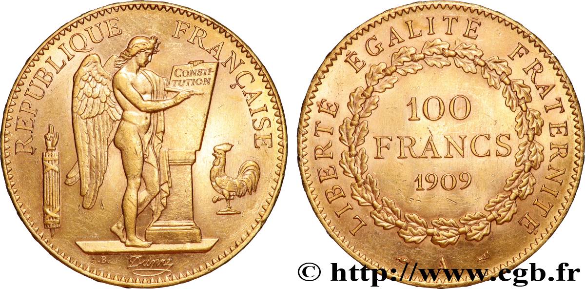 100 francs or Génie, tranche inscrite en relief Liberté Égalité Fraternité 1909 Paris F.553/3 SUP+ 