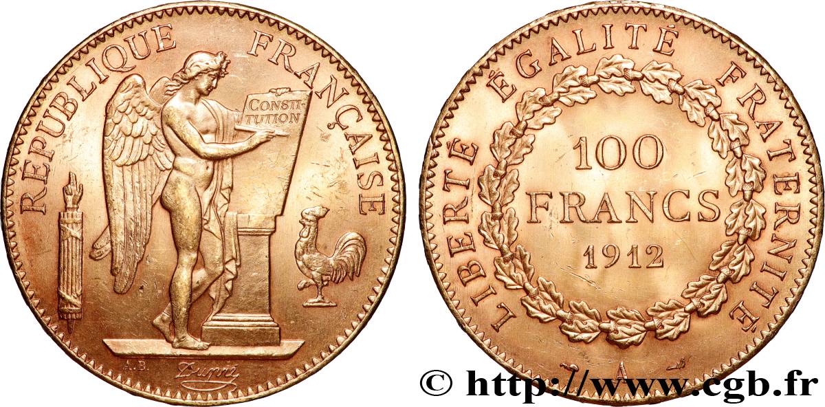 100 francs or Génie, tranche inscrite en relief Liberté Égalité Fraternité 1912 Paris F.553/6 AU 