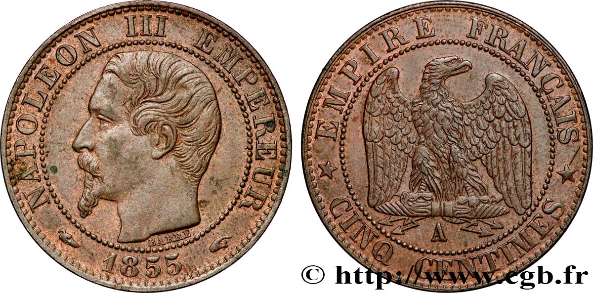 Cinq centimes Napoléon III, tête nue 1855 Paris F.116/16 AU 