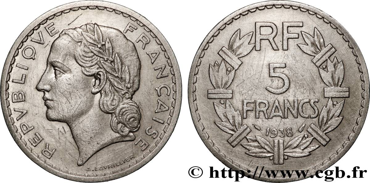 5 francs Lavrillier, nickel 1938  F.336/7 VF 