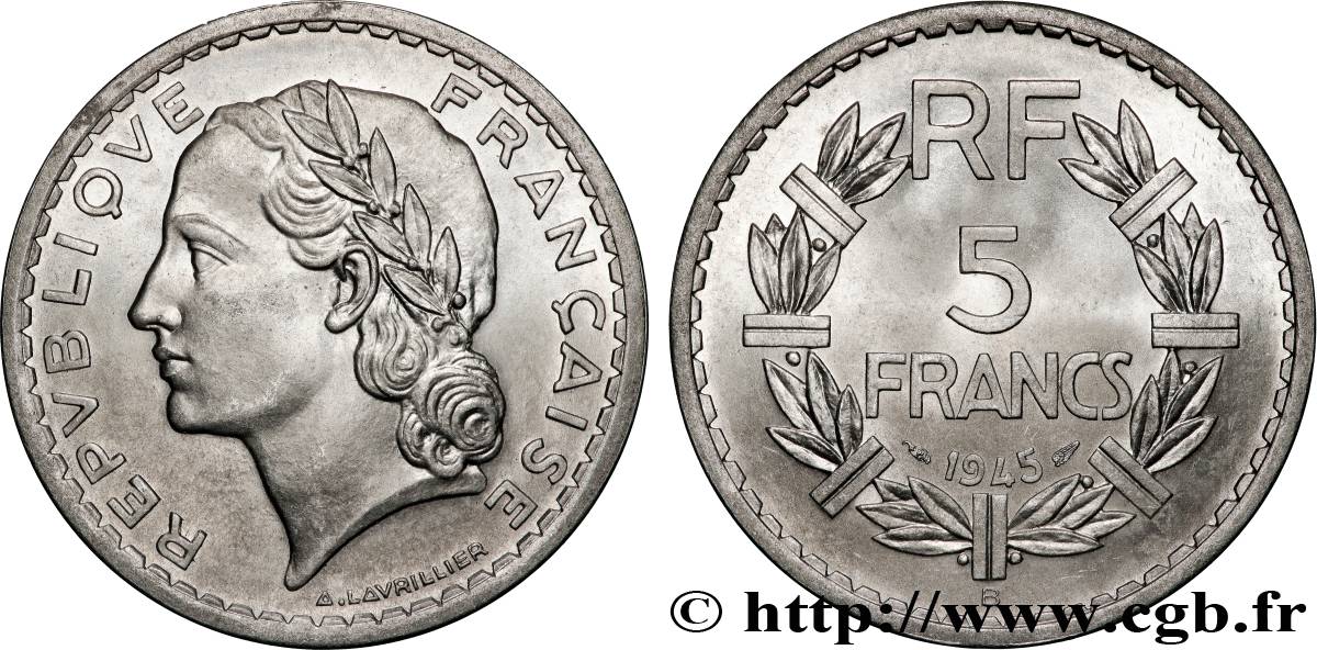 5 francs Lavrillier, aluminium 1945 Beaumont-Le-Roger F.339/4 MS63 