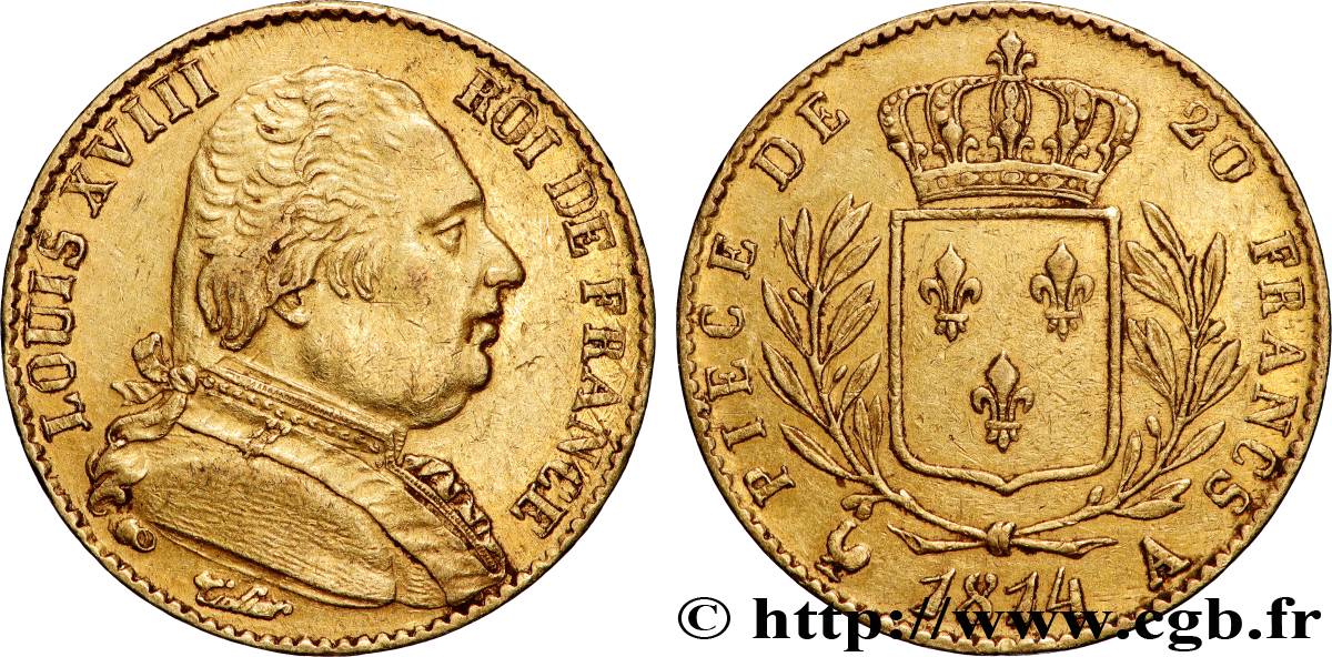 20 francs or Louis XVIII, buste habillé 1814 Paris F.517/2 TTB 