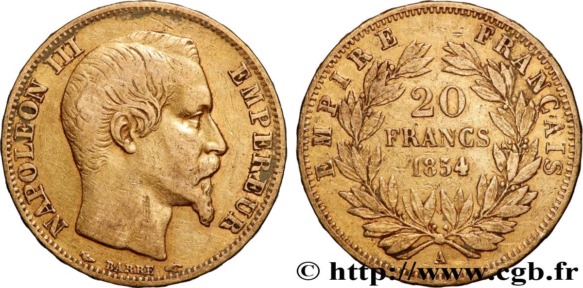 20 francs or Napoléon III, tête nue 1854 Paris F.531/2 TB+ 