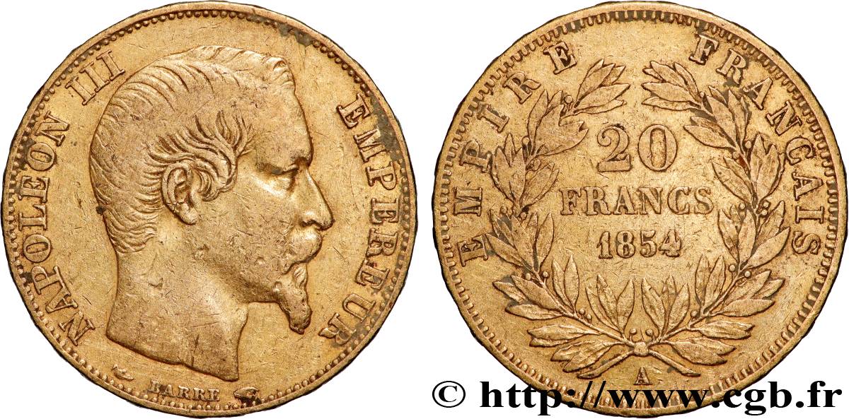 20 francs or Napoléon III, tête nue 1854 Paris F.531/2 TB 