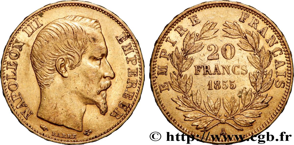 20 francs or Napoléon III, tête nue 1855 Paris F.531/4 TTB+ 