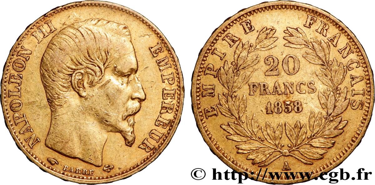 20 francs or Napoléon III, tête nue 1858 Paris F.531/13 TB+ 