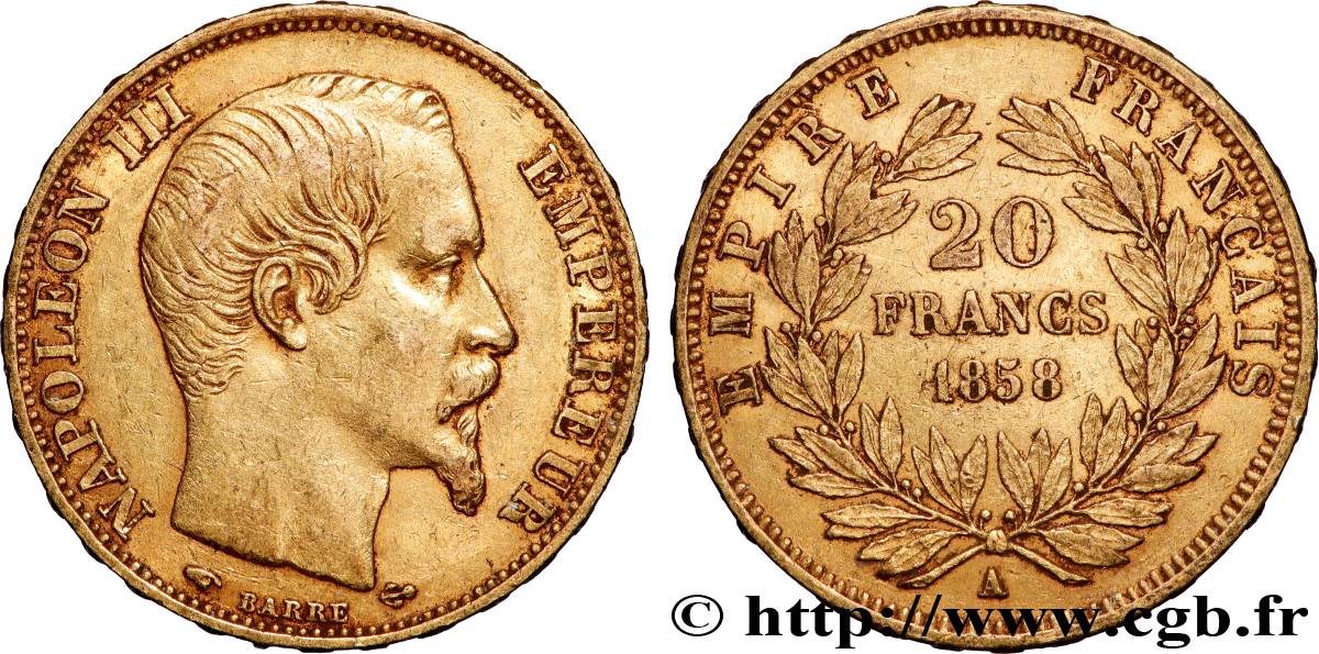 20 francs or Napoléon III, tête nue 1858 Paris F.531/13 XF 