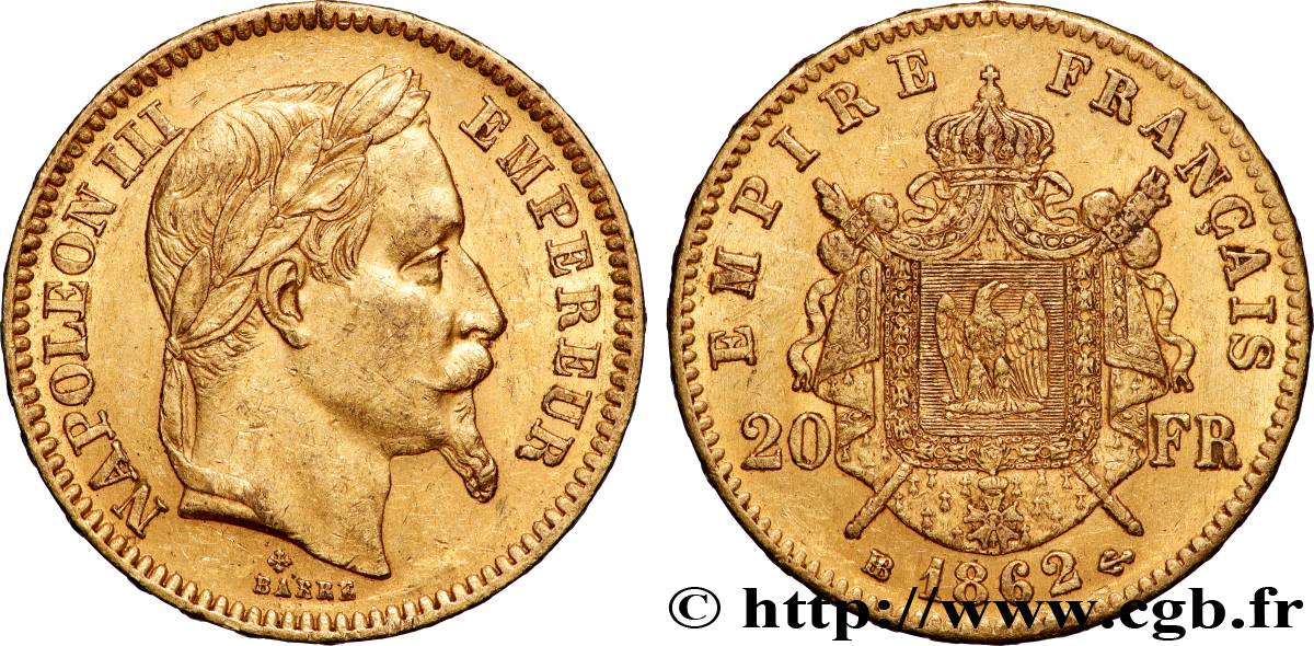 20 francs or Napoléon III, tête laurée 1862 Strasbourg F.532/5 TTB+ 