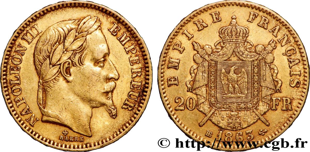 20 francs or Napoléon III, tête laurée 1863 Strasbourg F.532/7 TTB 