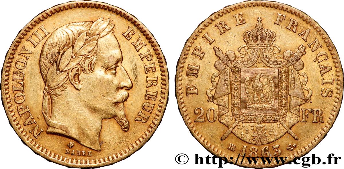 20 francs or Napoléon III, tête laurée 1863 Strasbourg F.532/7 TTB 