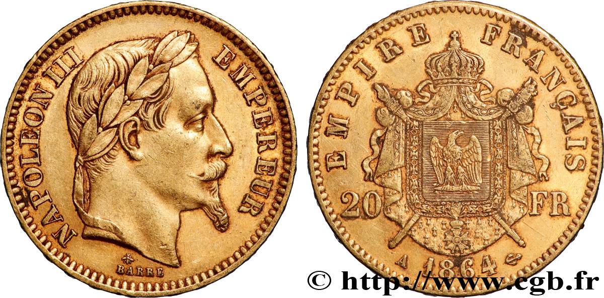 20 francs or Napoléon III, tête laurée 1864 Paris F.532/8 SS 