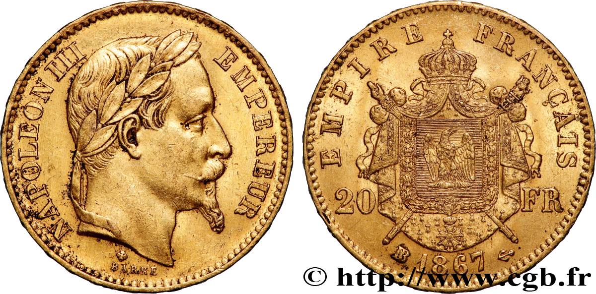 20 francs or Napoléon III, tête laurée, Grand BB 1867 Strasbourg F.532/17 TTB+ 