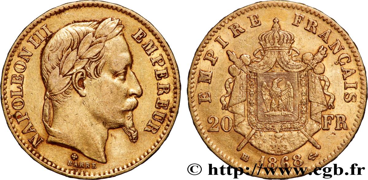 20 francs or Napoléon III, tête laurée 1868 Strasbourg F.532/19 BB 