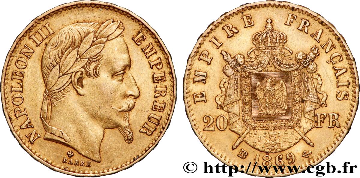 20 francs or Napoléon III, tête laurée, grand BB 1869 Strasbourg F.532/22 TTB+ 