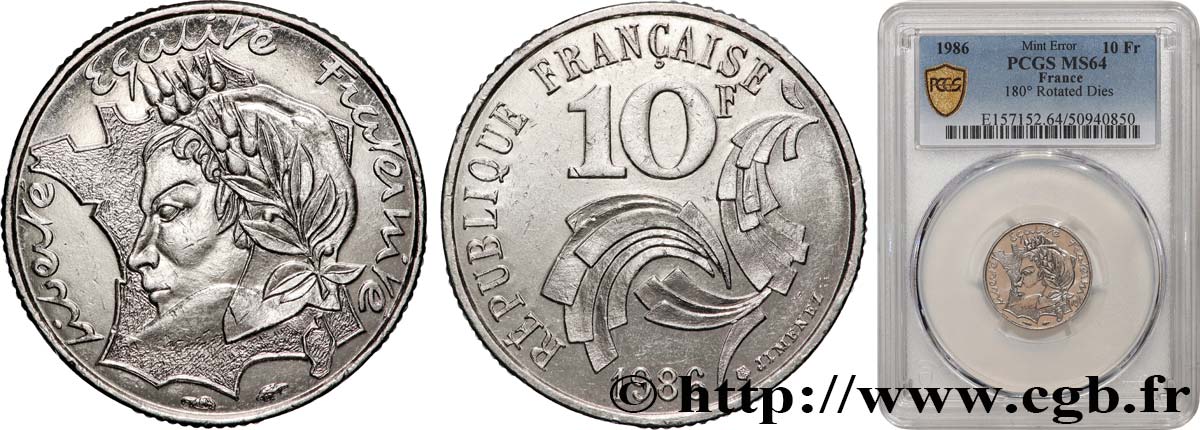 10 francs Jimenez, Frappe médaille 1986  F.373/2 var. SC64 PCGS