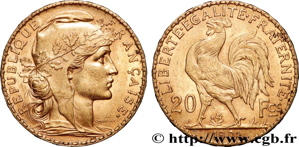 20 francs or Coq, Dieu protège la France 1901 Paris F.534/6 AU 