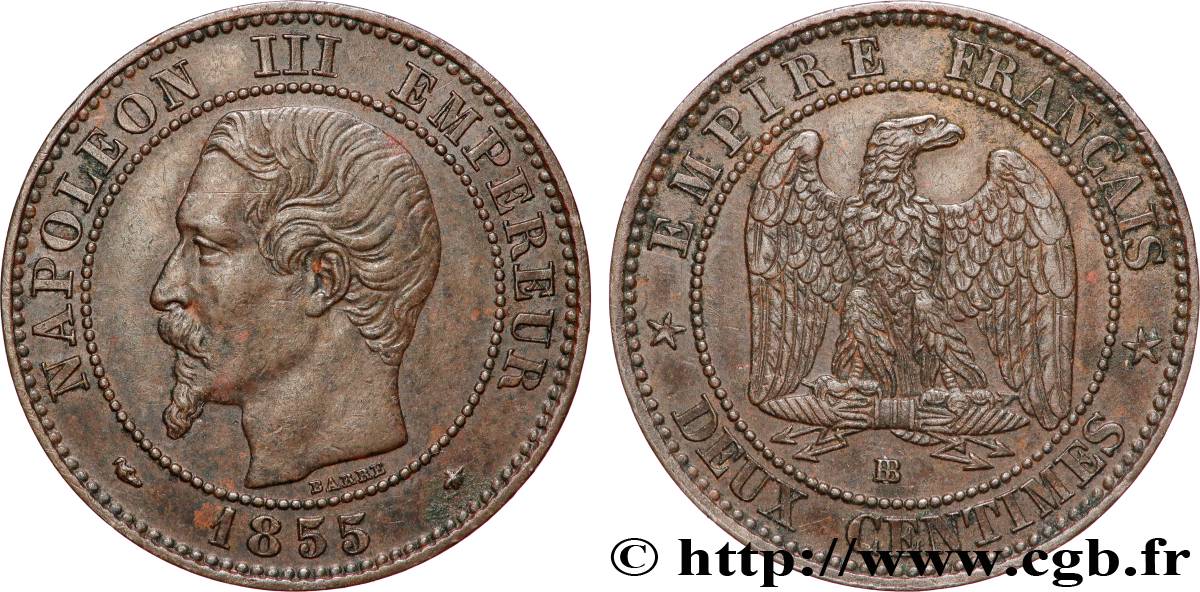 Deux centimes Napoléon III, tête nue, différent levrette 1855 Strasbourg F.107/23 MBC 