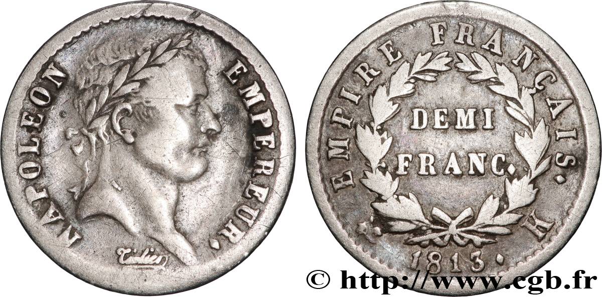 Demi-franc Napoléon Ier tête laurée, Empire français 1813 Bordeaux F.178/55 TB 