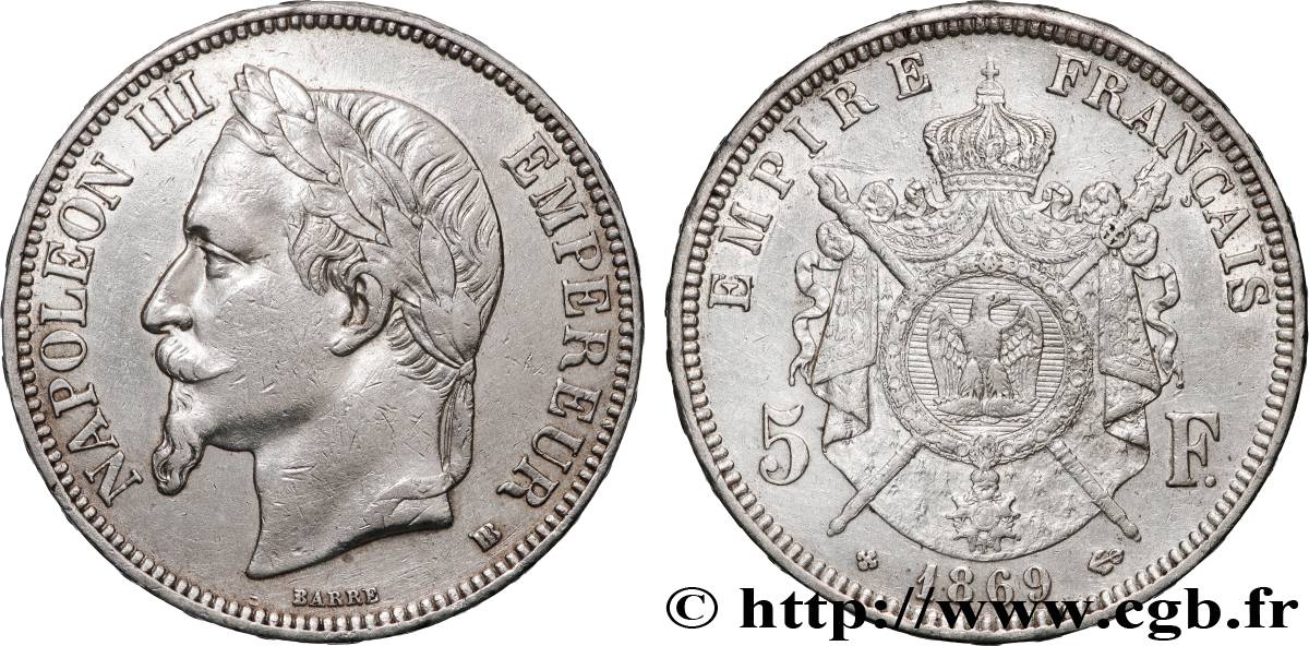 5 francs Napoléon III, tête laurée 1869 Strasbourg F.331/15 TTB 
