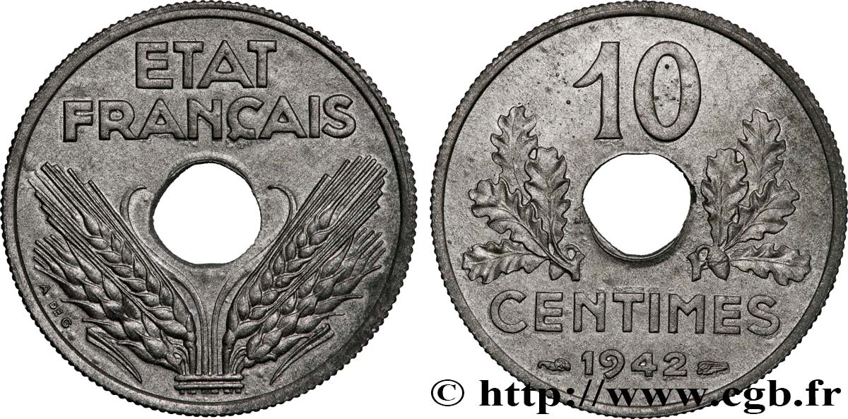 10 centimes État français, grand module 1942  F.141/4 MS63 