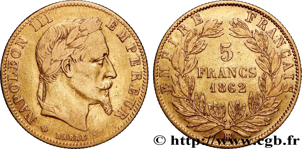 5 francs or Napoléon III, tête laurée 1862 Strasbourg F.502/2 VF 