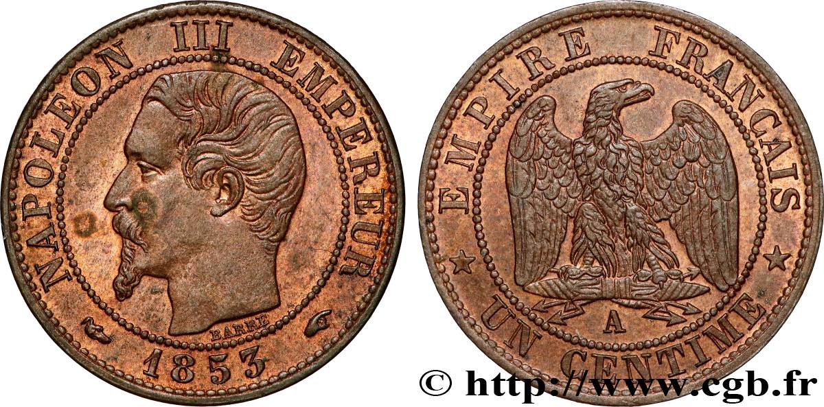 Un centime Napoléon III, tête nue 1853 Paris F.102/1 EBC 