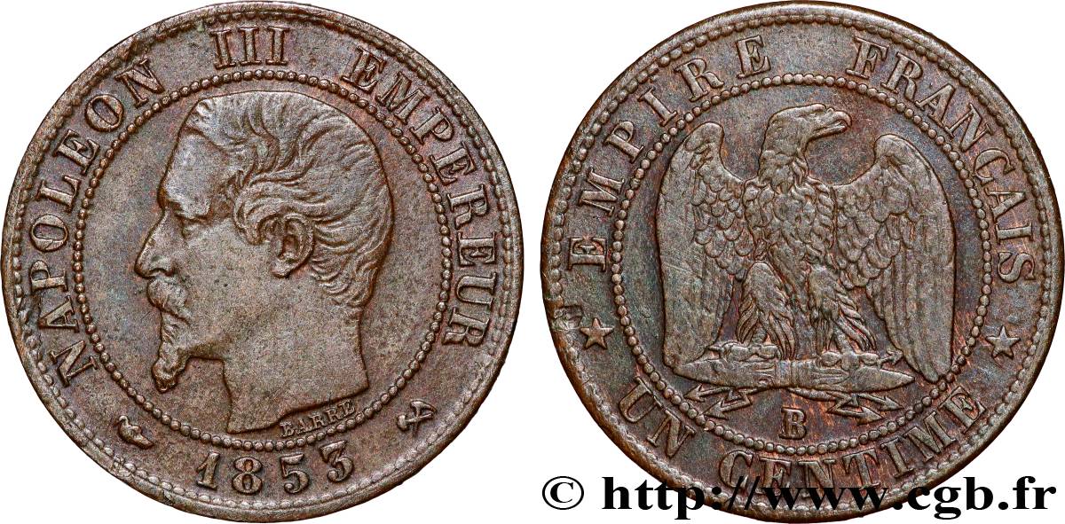 Un centime Napoléon III, tête nue 1853 Rouen F.102/2 BB 