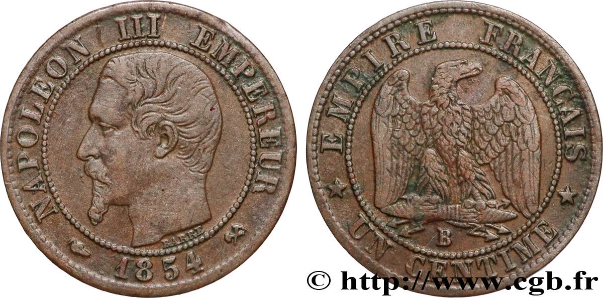 Un centime Napoléon III, tête nue 1854 Rouen F.102/10 TB+ 