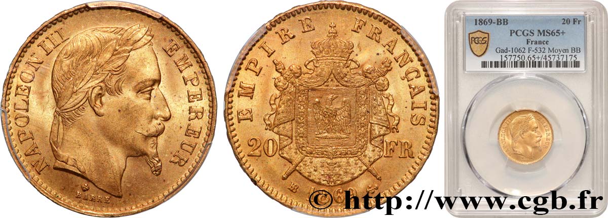 20 francs or Napoléon III, tête laurée 1869 Strasbourg F.532/21 FDC65 PCGS