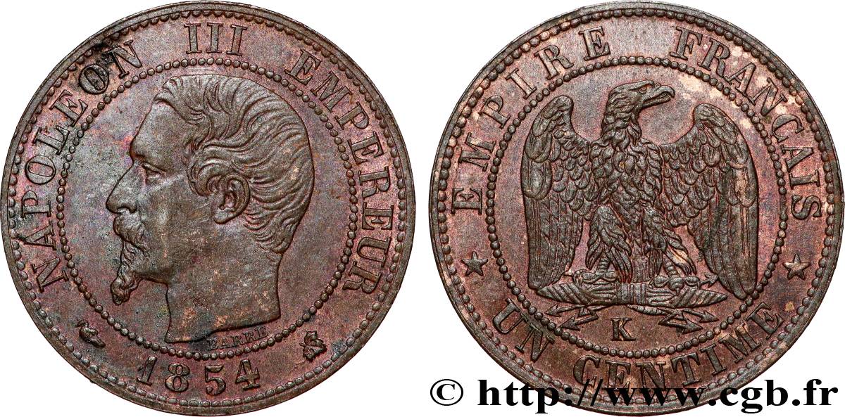 Un centime Napoléon III, tête nue 1854 Bordeaux F.102/13 AU53 