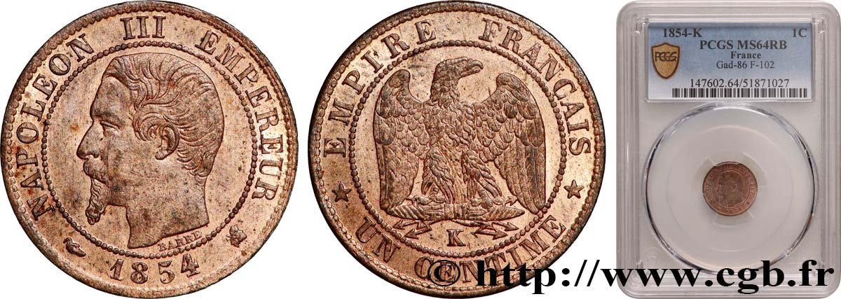Un centime Napoléon III, tête nue 1854 Bordeaux F.102/13 SPL64 PCGS