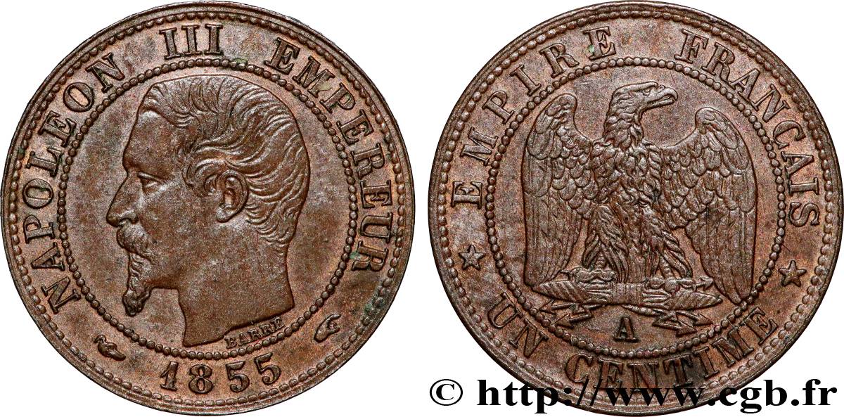 Un centime Napoléon III, tête nue, différent levrette 1855 Paris F.102/15 AU53 