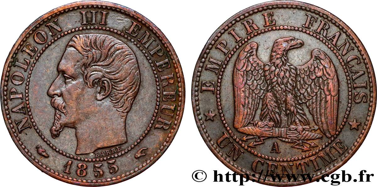 Un centime Napoléon III, tête nue, différent levrette 1855 Paris F.102/15 SS 