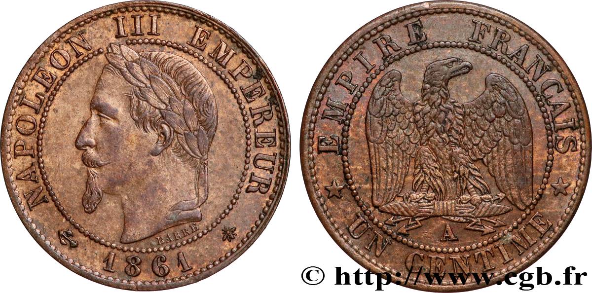 Un centime Napoléon III, tête laurée 1861 Paris F.103/1 TTB+ 