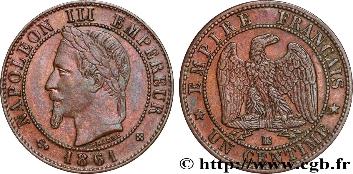 Un centime Napoléon III, tête laurée 1861 Strasbourg F.103/2 TTB+ 