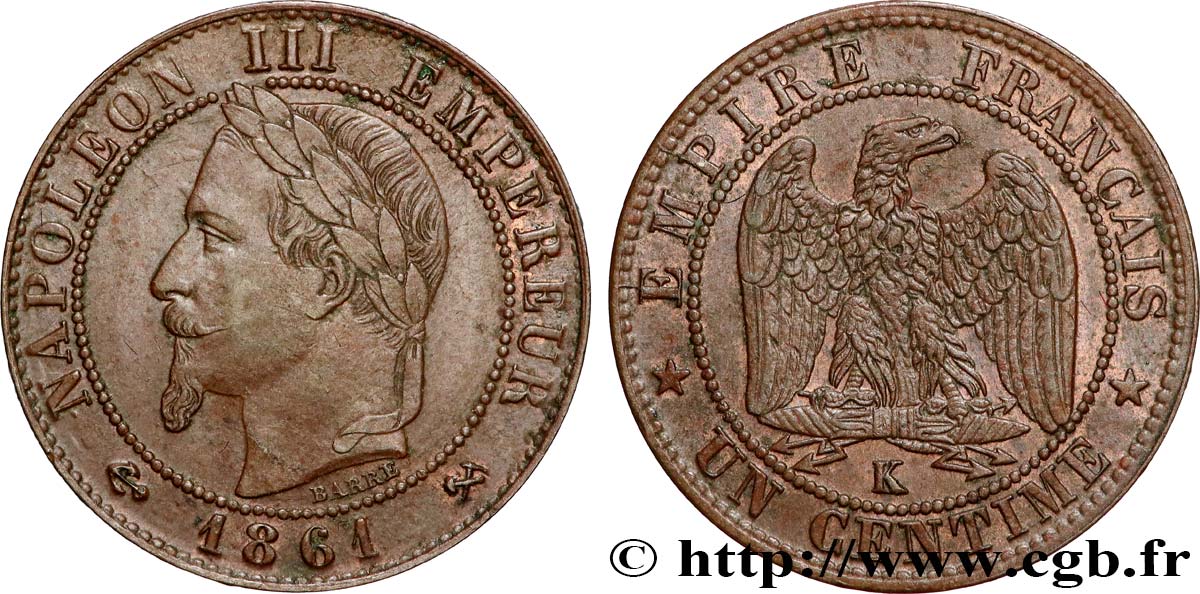 Un centime Napoléon III, tête laurée 1861 Bordeaux F.103/3 TTB53 