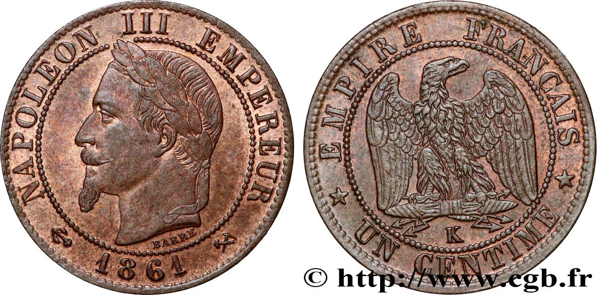 Un centime Napoléon III, tête laurée 1861 Bordeaux F.103/3 AU58 