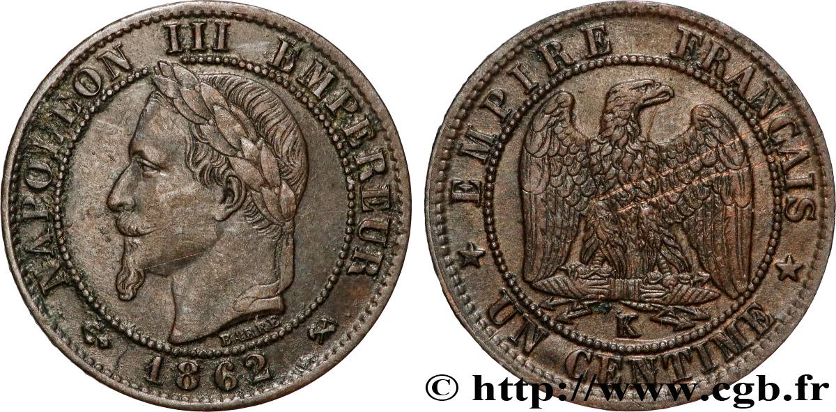 Un centime Napoléon III, tête laurée 1862 Bordeaux F.103/7 VF 