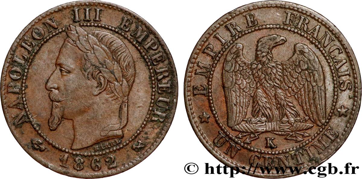 Un centime Napoléon III, tête laurée 1862 Bordeaux F.103/7 XF 