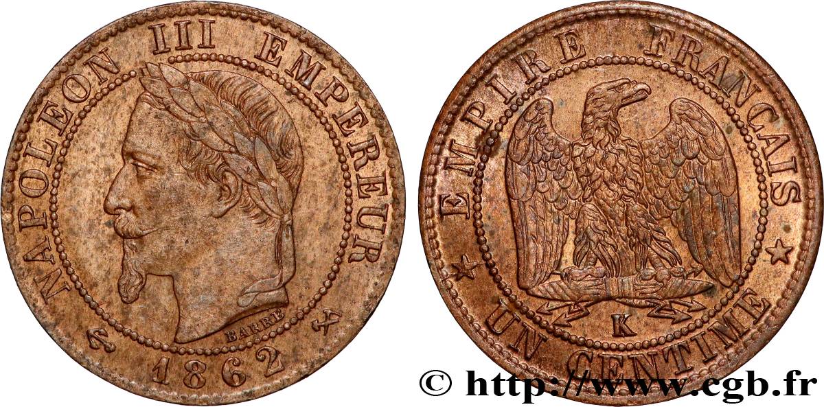 Un centime Napoléon III, tête laurée 1862 Bordeaux F.103/7 SUP58 
