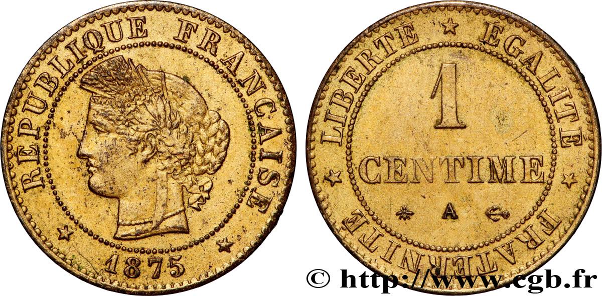 1 centime Cérès, doré 1875 Paris F.104/4 var. SUP 