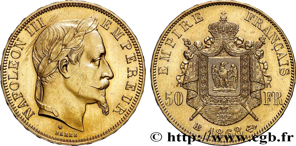 50 francs or Napoléon III, tête laurée 1868 Strasbourg F.548/11 SUP 