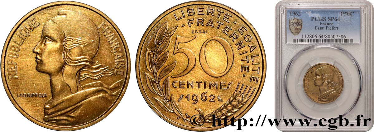 Essai-piéfort de 50 centimes Marianne 1962 Paris GEM.89 EP SPL64 PCGS