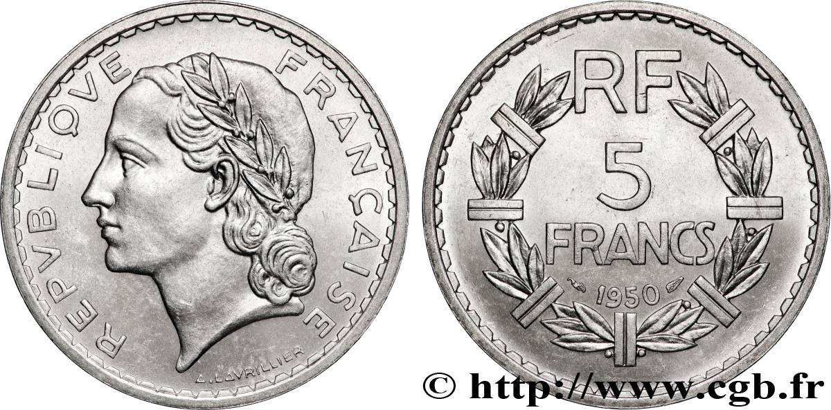 5 francs Lavrillier, aluminium 1950  F.339/20 MS62 