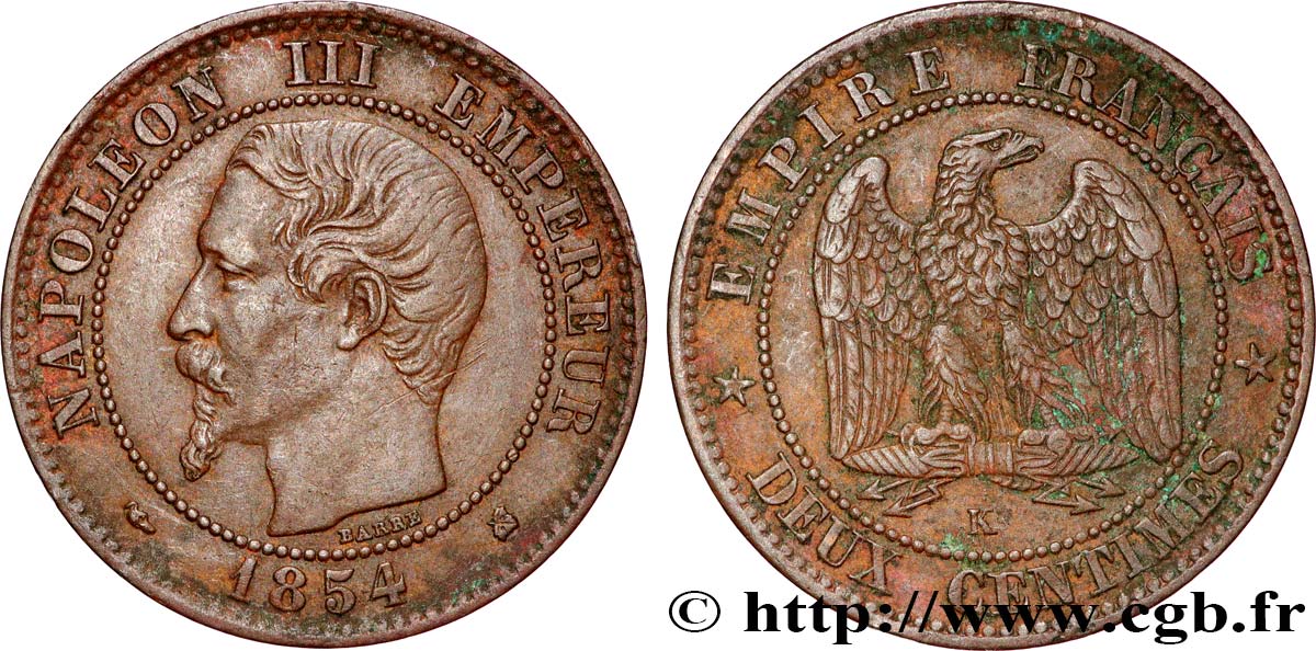 Deux centimes Napoléon III, tête nue 1854 Bordeaux F.107/16 TTB 